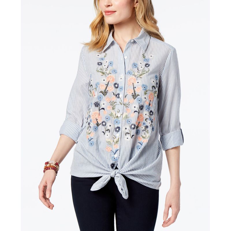 Style & Co Petite Cotton Striped Embroidered Shirt